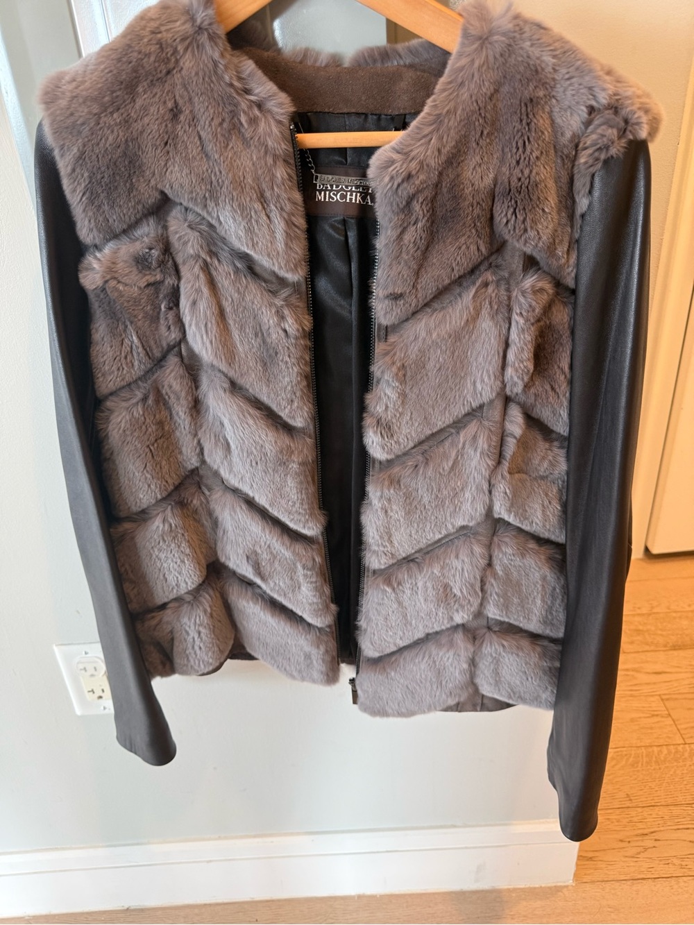 Badgley Mischka Gray Fur + Leather-Sleeve Jacket
